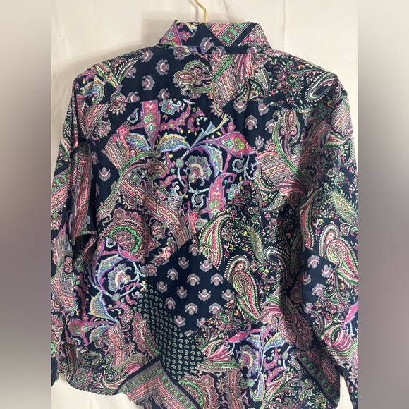 Women’s 100% Cotton Navy Blue Paisley Patchwork Boho Spring Button Down Size XL - Picture 10 of 13